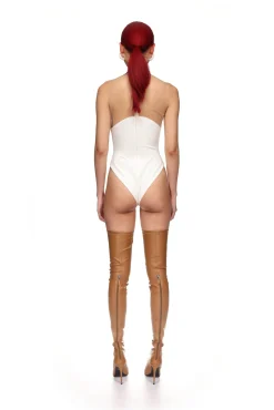 WAVE NECKLINE TULLE INSERT BODYSUIT IN WHITE