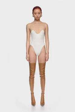 WAVE NECKLINE TULLE INSERT BODYSUIT IN WHITE