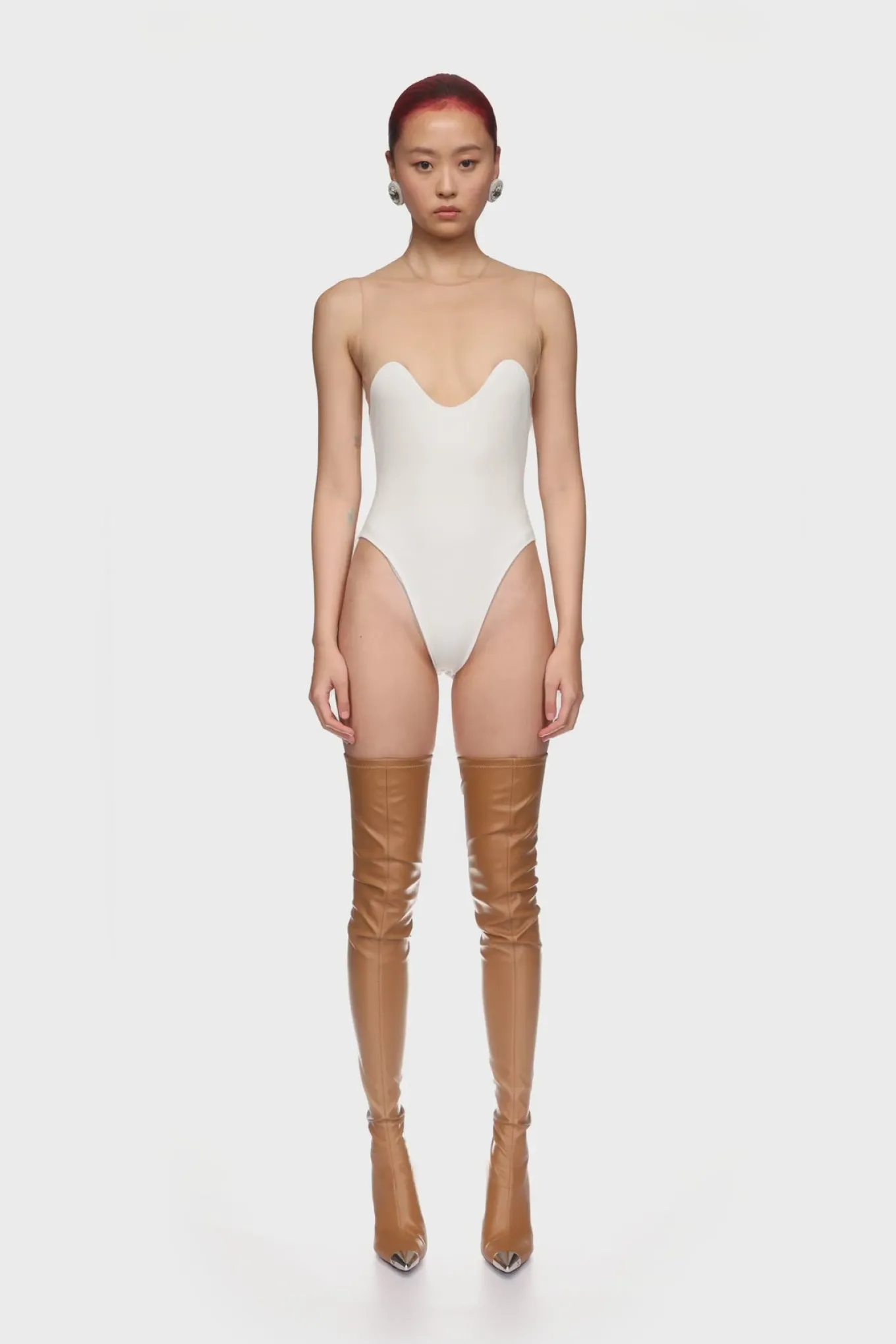 WAVE NECKLINE TULLE INSERT BODYSUIT IN WHITE