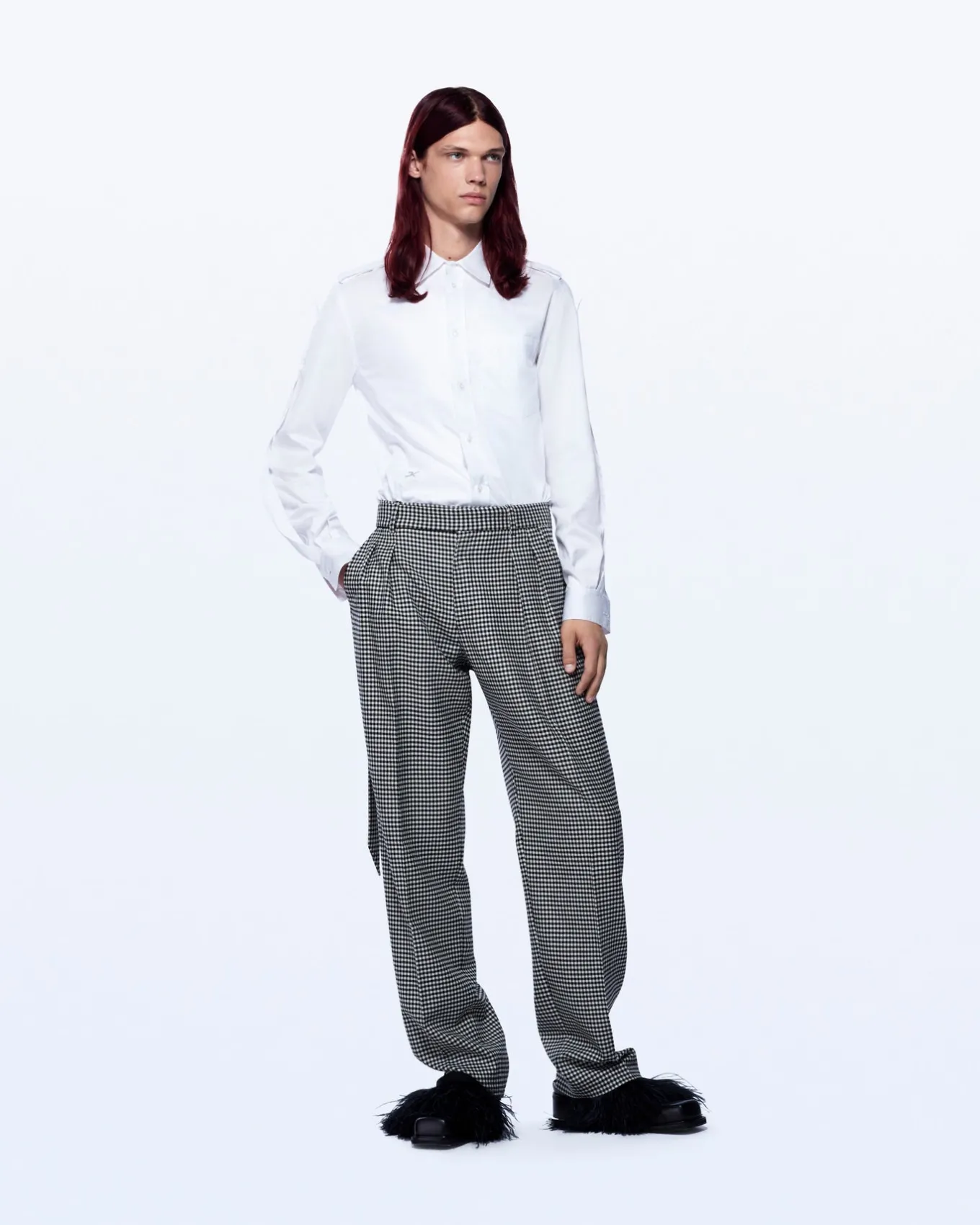 WIDE LEG HOUNDSTOOTH TUXEDO TROUSERS