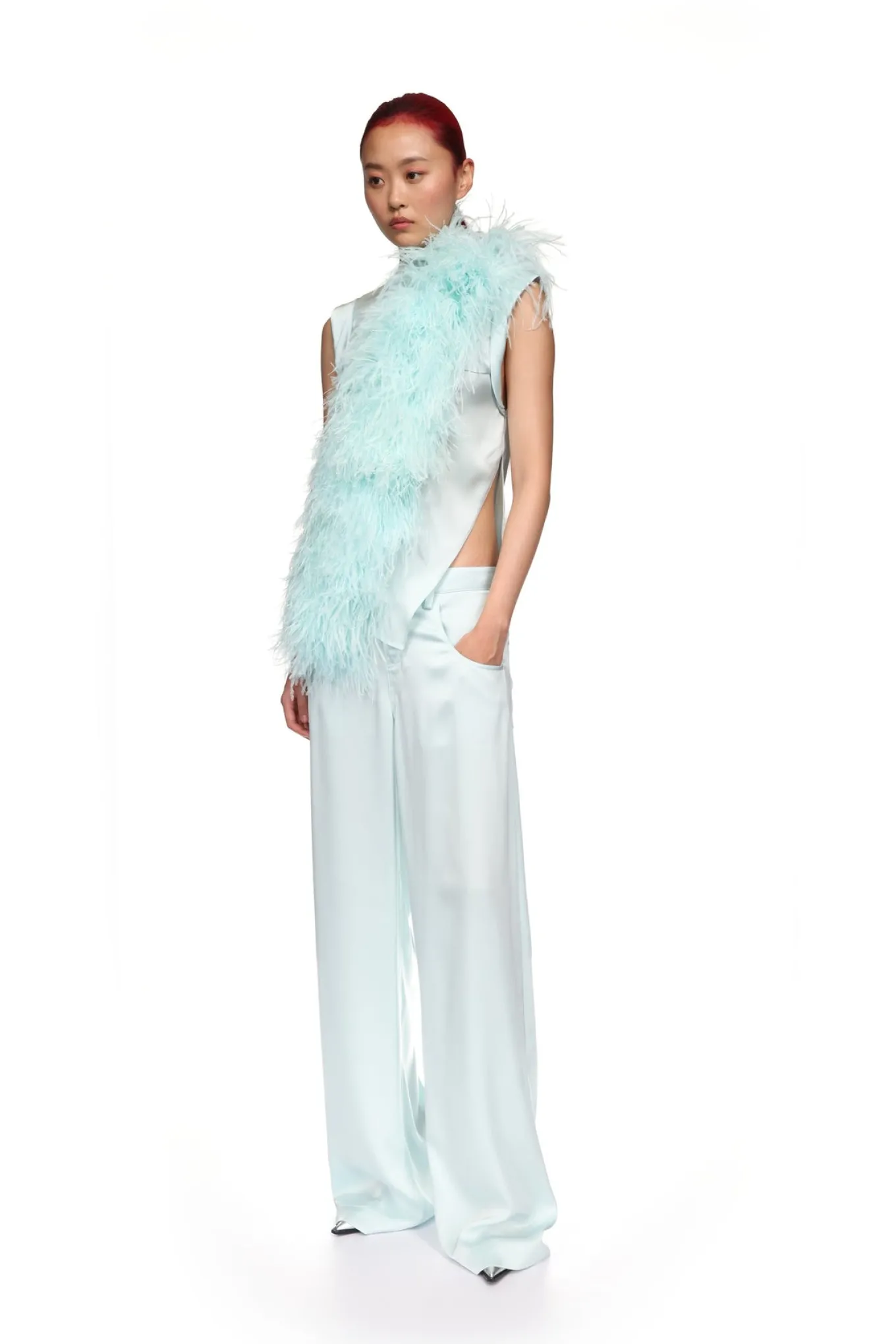 WIDE LEG SATIN TROUSERS IN MINT